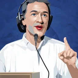 vector illustration man with a 50 centimeter long nose speaking at a lectern with microphone, (((black background))), white, black and red colors