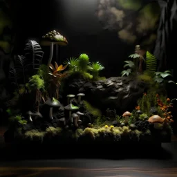 realistic image, high quality, a Terarrium standing on a wooden table, the wall behind it is black, inside the terarrium are tropical plants growing horizontally at the back wall. the floor of the terarrium is covered in black sand, on the black sand a bunch of exotic looking mushrooms are growing, green
