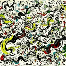 A white cloudy sky with tornadoes designed in Mehndi design painted by Jackson Pollock