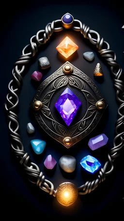There is a magic dark amulet in the center around it there are magic stones on black background