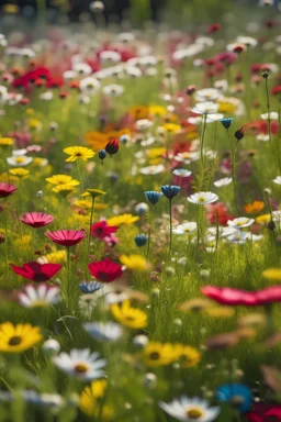A field of wildflowers in full bloom, creating a kaleidoscope of colors under the bright sunlight. Ultra Realistic, National Geographic, Fujifilm GFX100S, 100mm telephoto lens, f/5.6 aperture, afternoon, macro, Provia 100F film