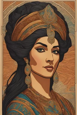 museum quality color woodcut of an ancient Arabian queen with highly detailed hair and facial features , in the style of Gustave Baumann, with a fine art aesthetic, highly detailed, finely cut ,8k render,no tattoos on the face