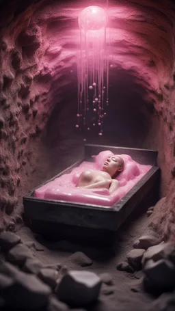 full body portrait of soap star sleeping in a sarcophagus filled with calm transparent pinkish embalming liquid inside coal mine shaft,bokeh like f/0.8, tilt-shift lens 8k, high detail, smooth render, down-light, unreal engine, prize winning