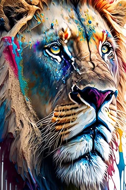 "lion", clean design, epic Instagram, art station, splash of colorful paint, contour, ((solid white background)), closeup, looking into camera, hyperdetailed intricately detailed, unreal engine, fantastical, cinema lighting, intricate detail, splash screen, complementary colors, fantasy concept art, 8k resolution, DeviantArt masterpiece, watercolor, paint dripping