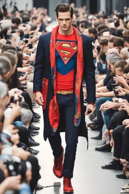 A guy on a fashion runway with superman clothes style embroidery without cape