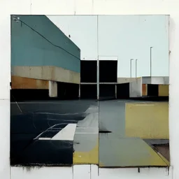 Minimal contemporary abstract oil paintings of desolate 1960s carpark with road markings and concrete fragments. Overlay with grungy typography graphics. style of Justin Mortimer and Francis Bacon.