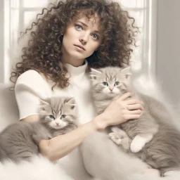 Portrait of woman with curly hair sitting in room full of clouds and fluffy kittens