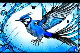 vitrail d'un geai bleu ailes déployées cyberpunk