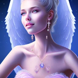 portrait of a beautiful woman with an angel face smiling, pink and blue dress, jewels, soft light aura