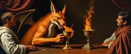 portrait painted by Rembrandt, stupid looking fire breathing dragon fox at banquet, big chalice, all inside a board game