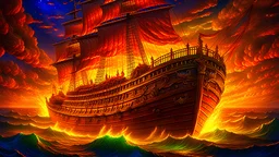 "An artistic illustration of a magnificent ship sailing fearlessly on a sea of molten lava during a raging storm. The ship's design is a fusion of historical and fantastical elements, with intricate details that give it a sense of wonder and adventure. The lava flows around the ship in vibrant, otherworldly colors, creating a surreal and mesmerizing scene. The camera angle is a medium shot, focusing on the ship's gallant figure and the swirling lava waves. The art style draws inspiration from fa