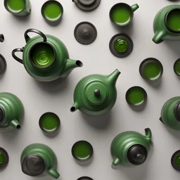 top view,a Chinese cast-iron teapot with a green drink inside,stands on a white table,techno,3d