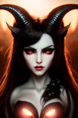 Succubus character, demon horns, demon tail, ominous, facepaint, waist up portrait, intricate, oil on canvas, masterpiece, expert, insanely detailed, 4k resolution, retroanime style, cute big circular reflective eyes, cinematic smooth, intricate detail , soft smooth lighting, soft pastel colors, painted Renaissance style
