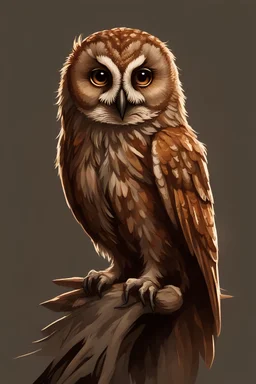 Portrait of a Tawny owl Warlock from Dungeons and Dragons. He has brown and grey feathers with flecks of silver throughout his plumage. A mischievous glint shines in his eyes as he gestures excitedly towards the horizon, his wings half-extended as if about to take flight.