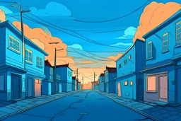 cartoon image: a blue street with a muted sunsetin the background