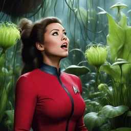 a woman Star Trek red shirt surprised by tendrils and she realizes too late that there are very agressive carnivorous plants around her. In few moments she disappears inside the plant