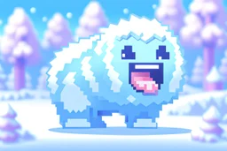 Nintendo DS-style pixel art of an In-Training Epi-Yeti, cute with rosy cheeks, playfully chasing after a pixelated germ, set in a snowy playground with soft hues.