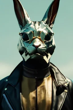 Medium Close Up Portrait, Front image. cyberpunk, rabbit mask, British man, white short hair. leather, gold suit. White, black, red, color. Retro futuristic style. Color background, photo studio. Avatar image, highly detailed, concept art, smooth, unreal engine 5, god rays, ray tracing, RTX, lumen lighting, ultra detail, volumetric lighting, 3d, finely drawn, high definition, high resolution.