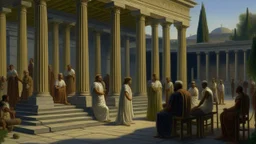 The ancient Athenians gathered in the Agora, heated discussions under the tall marble columns, classical Greek attire, elegant laurel wreaths adorning their heads, evening light casting long shadows. The scene captures the essence of philosophical discourse and democracy in ancient Greece.