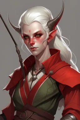 burnt red tiefling with white hair and white eyes rogue