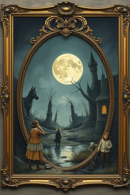 full monn reflections in big antique brocken mirror, mixed media portrayal blending Quentin Blake's whimsy with El Kazovszkij's dystopian surrealism, thryller and Raymond Swanland's dynamic artistry, encased in a quadratura-style frame reminiscent of Caldecott's narrative illustration, set against a dark fantasy and steampunk backdrop by Abigail Penner