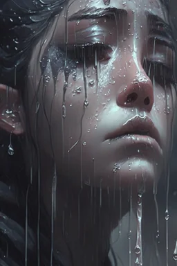 Tears are streaming down my face as I stand amidst the gentle droplets of the silvery symphony falling from the heavens above, Emotional, Dark, Highly detailed, Sharp focus, Moody lighting, Artstation, by loish and sakimichan and artgerm, Concept art, Matte, Realistic, with a hint of surrealism.