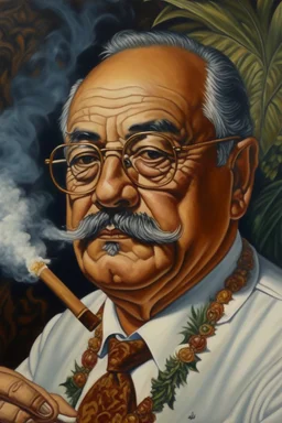 Painting portrait of samoan king with glasses and mustache and cigar