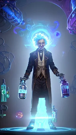 Albert Einstein, detailed and intricate calligraphy ink painting of a "cyborg Mad Scientist" holding beakers, outer space Background cosmic fractals, dystopian, concept art, unreal engine 5, god rays, ray tracing, RTX, lumen lighting, ultra detail, volumetric lighting, 3d, finely drawn, high definition, high resolution. award-winning: professional portrait: atmospheric: commanding: fantastical: clarity: 16k: ultra quality: striking: brilliance: stunning colors: amazing depth: masterfully crafted