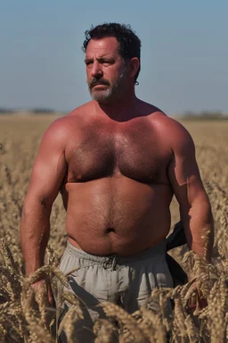 photography of a relaxing tired burly chubby stocky muscular tattooed sicilian farmer 60 years old under the sun sitting down in a wheat field,, ugly, manly chest, sweat, with the shirt open, bulging boxer, frontal view from the ground, 35mm lens , countryside