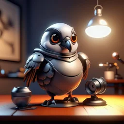 A charming 3D rendered robot pigeon with a round metallic head, a badge in its chest with the initial DP, large expressive googly eyes, and a friendly smile, sitting at a desk with a laptop and pen, bright lighting, retro-futuristic home office setting, hyper-detailed textures, 8k resolution, style of Pixar meets steampunk --v 6.1