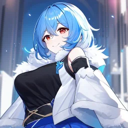 Clear focus, High resolution, rough line art, cute, cartoon, medium blue hair, hair between eyes, fluffy hair, red eyes, wearing a black sleeveless crop top, wearing a white jacket thats of her shoulders, wearing a blue skirt, cutsleeves blue strap and white color, intricately detailed outfit, smiling, 1girl, concept art all views