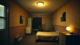 inside a cheap, seedy motel room, bright light, empty room, grainy candid photograph, crime scene, documentary style, bright flash photography
