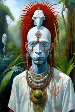 white giant tall long elongated head with larg alien eyes, thin lips, prince anunaki ancient god wisdom African with red hair in the garden of eden,hero, all seeing eye, owl, Well Endowed, Shirt Torn, Full Body Shot, F size, healthy, Full Lips, Hyper Detailed Face, Photorealistic, Intricately Detailed, Oil Painting, Heavy Strokes, By Jean Baptiste Monge, By Karol Bak, By Carne Griffiths, Masterpiece, Unreal Engine 3D; Symbolism, Colourful, Polished, Complex; UHD; D3D