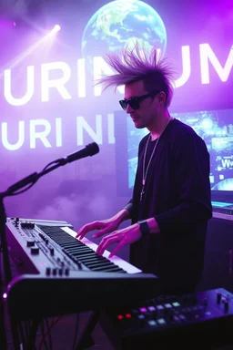 French cool synth player with crazy techno acid hair, he is called "Jean-Maurice Brûlée" performing at dance club, his name is "Jean-Maurice Brûlée" , white and purple Neon lights and purple smog, and "URINIUM" big sign on the wall, he is playing on synthesizers on stage with lot of laser beams and wearing black sunglasses, an earth is projected in background