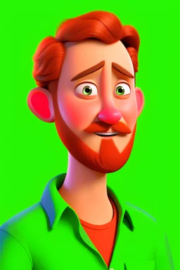 A sweet man in his late 30s with auburn hair cut short and very short beard. Wearing a green shirt. Create as a Pixar character.