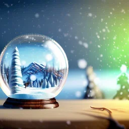 a 16k hyperrealistic snow globe sitting on an oak wooden desk, inside the snow globe there are snowy mountains to the back left and snowy pine trees surround a reindeer with large antlers while snow falls inside