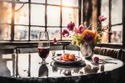 A table in a nice restaurant next to the window, meal, wine and flower on it, melting watercolor and black ink outlines on wet paper, soft, shading strokes, in sunshine, ethereal, otherwordly, cinematic postprocessing, bokeh, dof