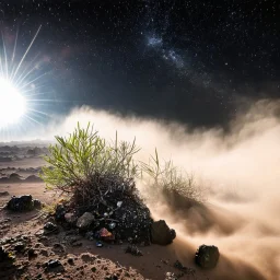 A striking quality Kodak photograph captures a wasteland with liquid and stars, Amano, Audubon, creepy, details of the dust and liquids very accentuated, glossy organic mass, vegetation, adorned with minerals and rocks. Bathed in intense light, eerie, Max Ernst style, white sun, fog