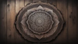 Hyper Realistic Grunge Rustic Grungy Mandala on wooden plank on dark rustic wall & dark vignette effect