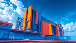 cyberpunk, A modern abstract building with bold orange and blue geometric shapes against a blue sky background, vaporwave, neon colors, science fiction, detailed scene