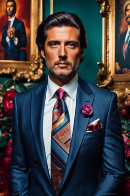 Hyperrealistic maximalist photography of Pitágoras today, dressed in an elegant suit and ultra warm tie, incredible work of art