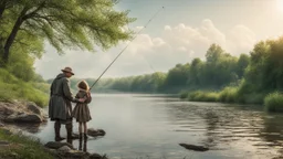 A fisherman fishing on the river bank with a rod next to his young daughter in the Middle Ages