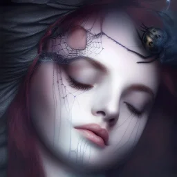 beautiful dead woman asleep on satin pillow with spiderwebs on face, 8k, high-quality, fine-detail, intricate, sharp, crisp, digital art, detailed matte, illustration, octane render, brian froud, howard lyon, Anne Dittman, Anne Stokes, Lisa Parker, Selina French