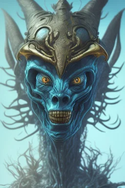 blue alien, cracks in the head, evil, Asian eyes, weapons, blood, 8k, finely detailed, photo realistic, Boris Vallejo style turquoise skull head gold dragon space alien rain skeleton Viking helmet Black background