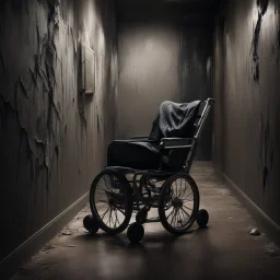 Hyper Realistic wheelchair in between of a dark hallway at night with peeling wall paint & scratch marks on wall