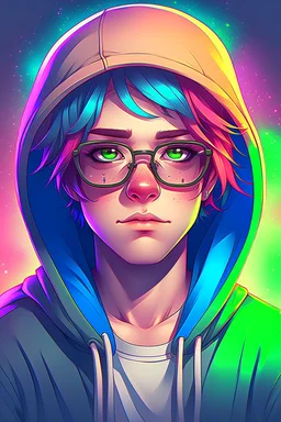 Anime man with glasses, messy rainbow hair, wearing a hooded sweatshirt, realistic