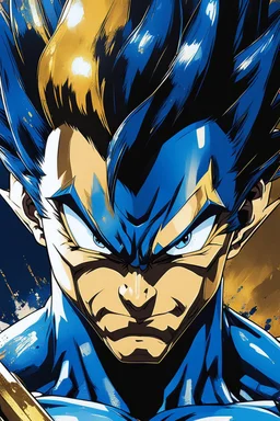Poster in two gradations, split in half, one side "Vegeta's face", other side "Goku's face", midline of the face, painting by Yoji Shinkawa, dark blue and GOLD detailed iridescent, metallic, translucent, dramatic lighting, hyper futuristic, digital art,