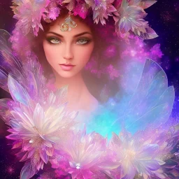 one big crystal subtle flower in a galactic ambiance with a beautiful fairy, transparent petals,