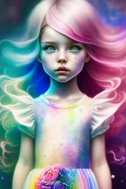 a little girl,sumetric eyes, pink hair, colorful, watercolor splash, white dress, rainbow flowers, in the style of Camilla d'Errico, hyper detailed, beautiful, complex, trending on artstation, cryengine, national geographic photo, chiaroscuro