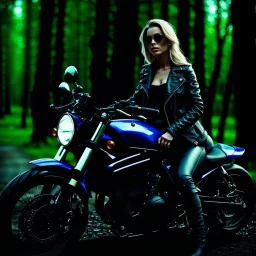 Very attractive woman sitting on a motorcycle. The bike is Yamaha. In the background is a forest. Credible details. Photorealistic. 4K. Wide-angle lens.